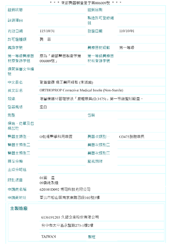衛部醫器製壹登字第006009號：ORTHOPROP歐首音羅矯正醫用鞋墊第一等級醫療器材登錄資料