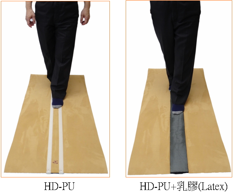 人體站在地面、Latex與HDPU三種材質地墊上原地踏步5分鐘之動態重心偏移COP量測結果對比圖