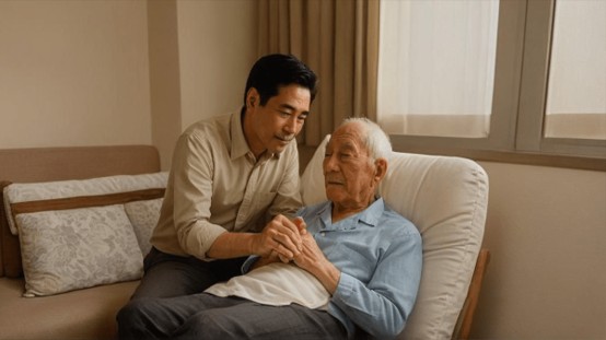 長照與高齡照護日常：中年男子居家陪伴躺椅上的年邁老人並握手關懷