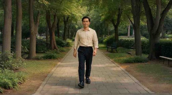 一名身穿襯衫與長褲的男子，面帶微笑在綠樹成蔭的公園石磚步道上正步向前走。