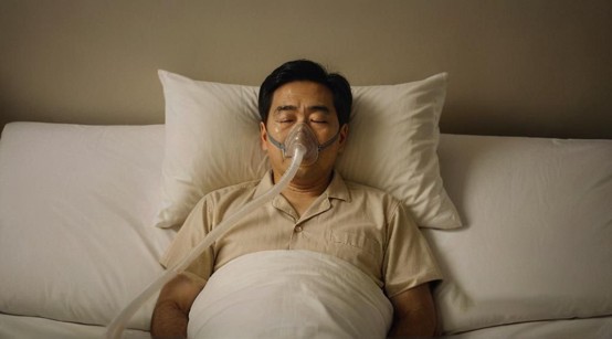 中年男子在床上配戴正壓呼吸器嘗試改善睡眠呼吸中止與失眠困擾